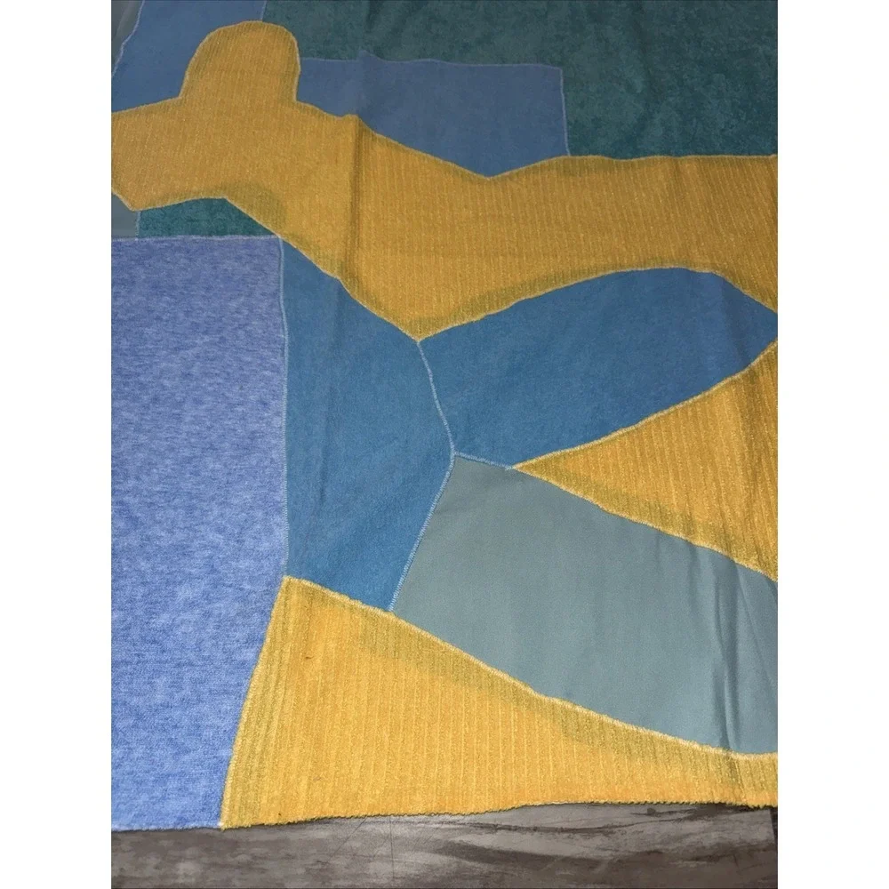 Vintage Abstract Color block throw Blanket Beach Picnic 73X48 In Blue Yellow